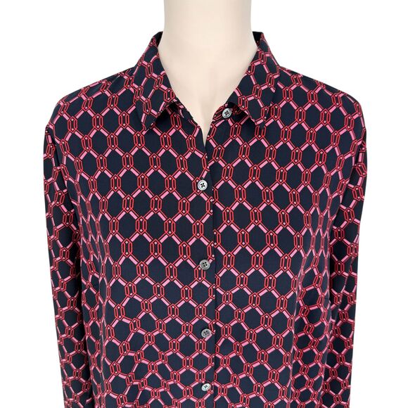J. Jill Button Up Long Sleeve Top LARGE Blue Wearever Blouse Geometric Chain NWT - Picture 3 of 11